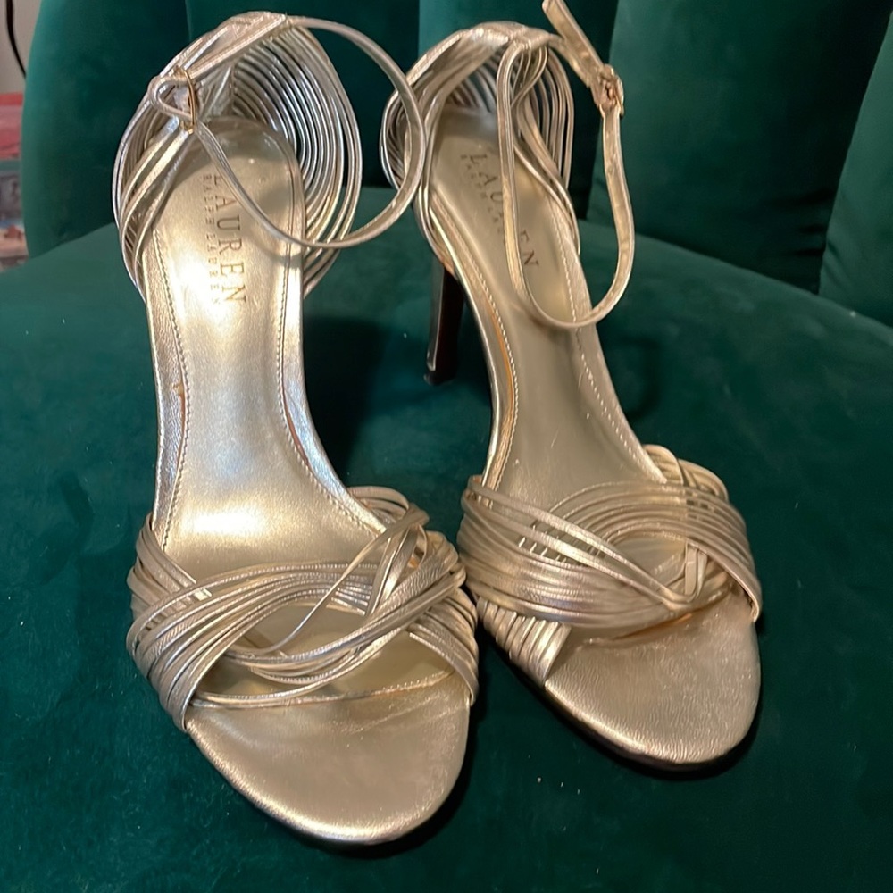 Ralph Lauren silver heels ankle tie size 7 1/2 leather upper balance man made